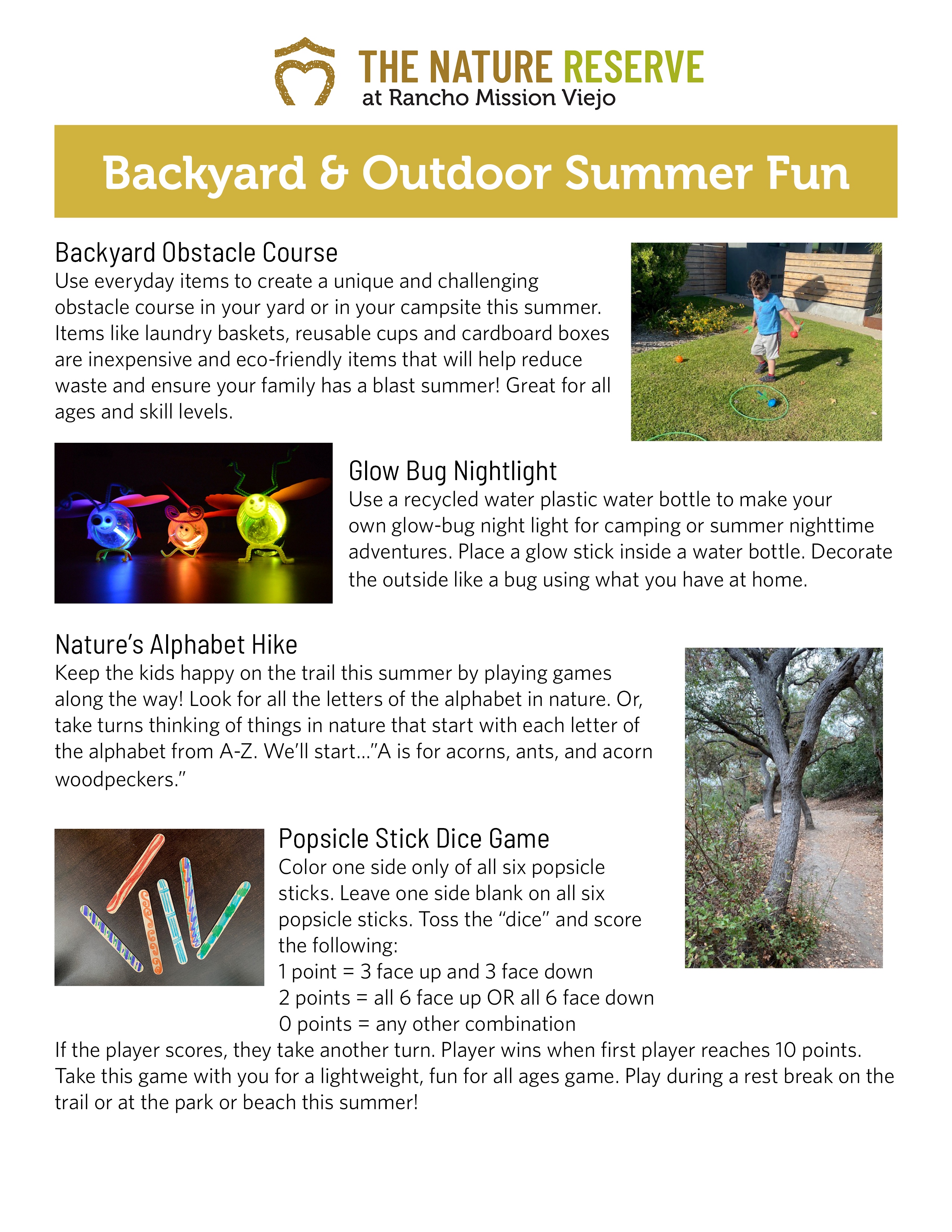 Outdoor Obstacles, Glow Bug Light, Alphabet Hikes, Dice Game